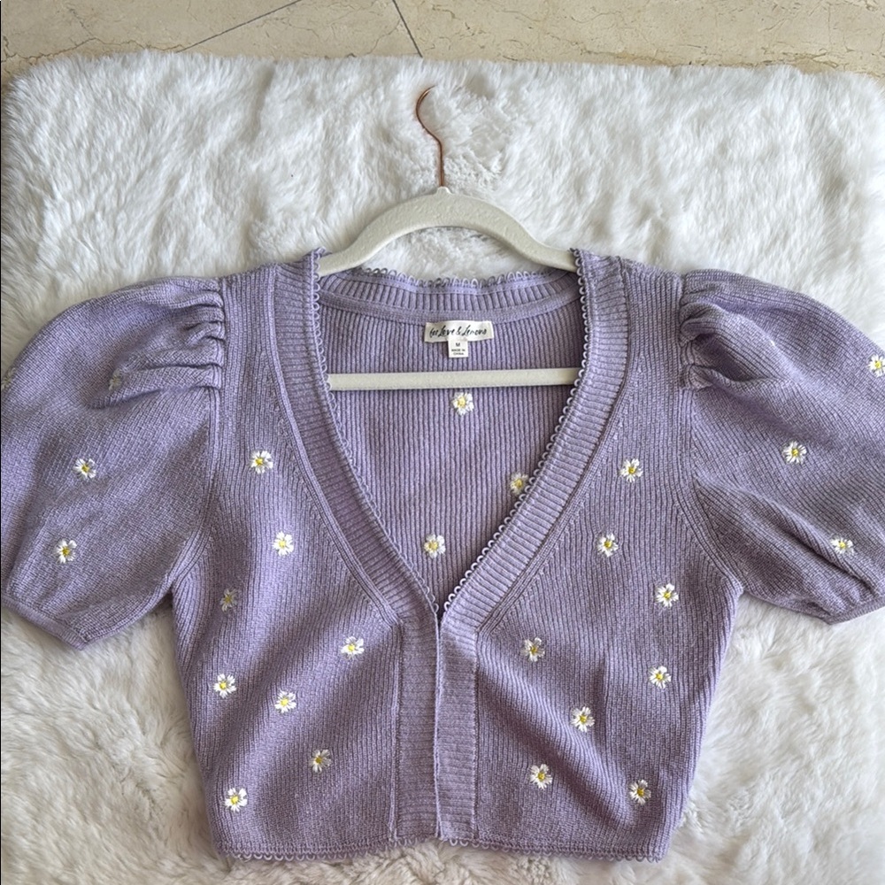 Purple Puff Sleeve Cardigan with Floral Embroidery
